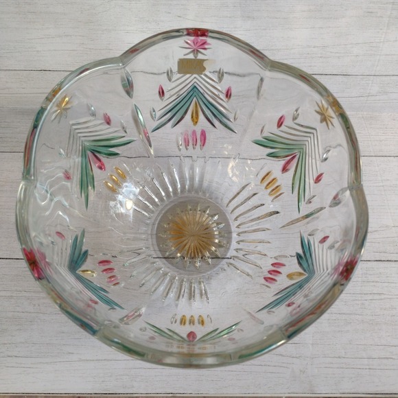 Mikasa Festive Holiday Crystal 8 in Bowl Colored Etched Christmas Trees Stars - Picture 6 of 7